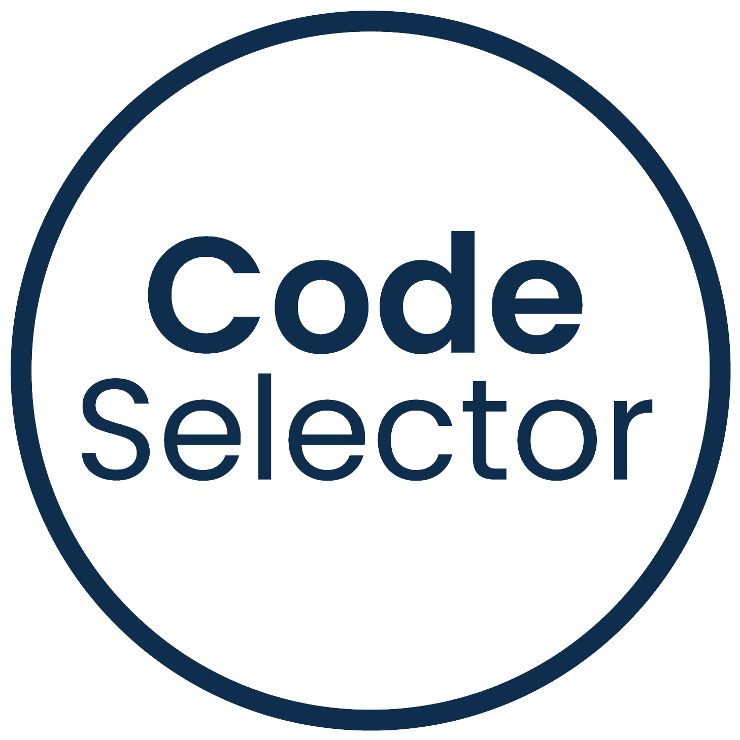 Dark blue circle with the words "code selector" inside the circle.