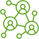 Green line icon of connected user nodes forming a network.